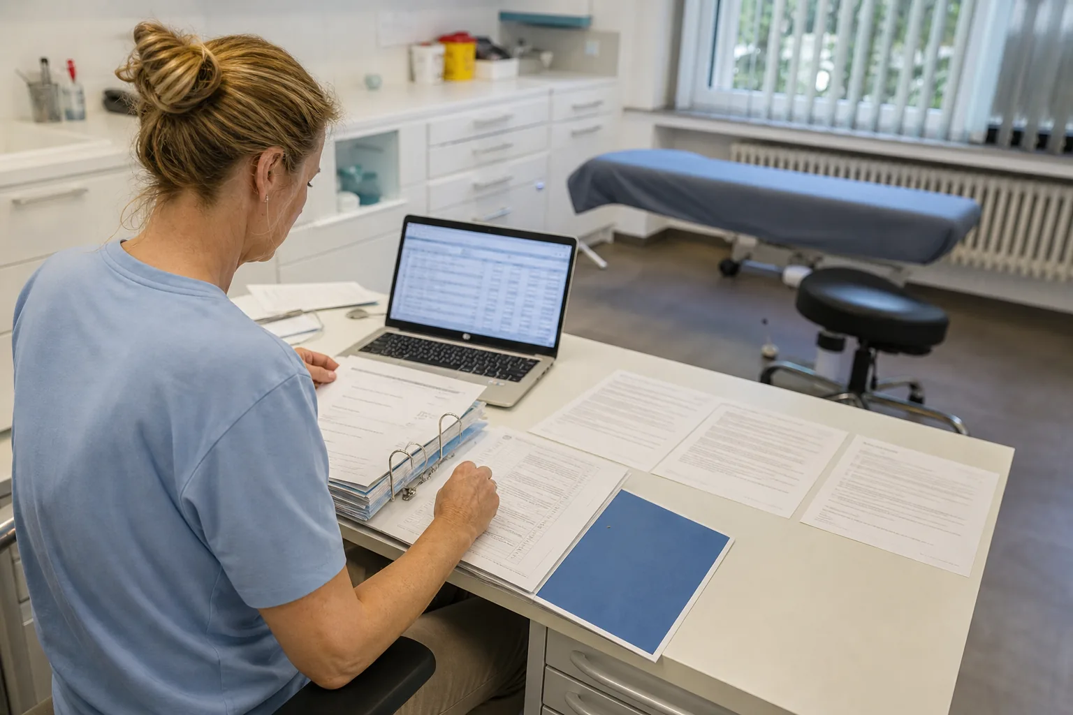 Ordner, Laptop mit Tabellenansicht und Prüfprotokolle auf einem Schreibtisch in einer Praxis
