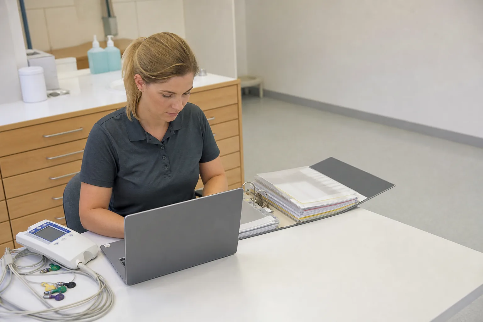 MFA prüft Gerätedaten an einem Laptop neben einem EKG-Gerät