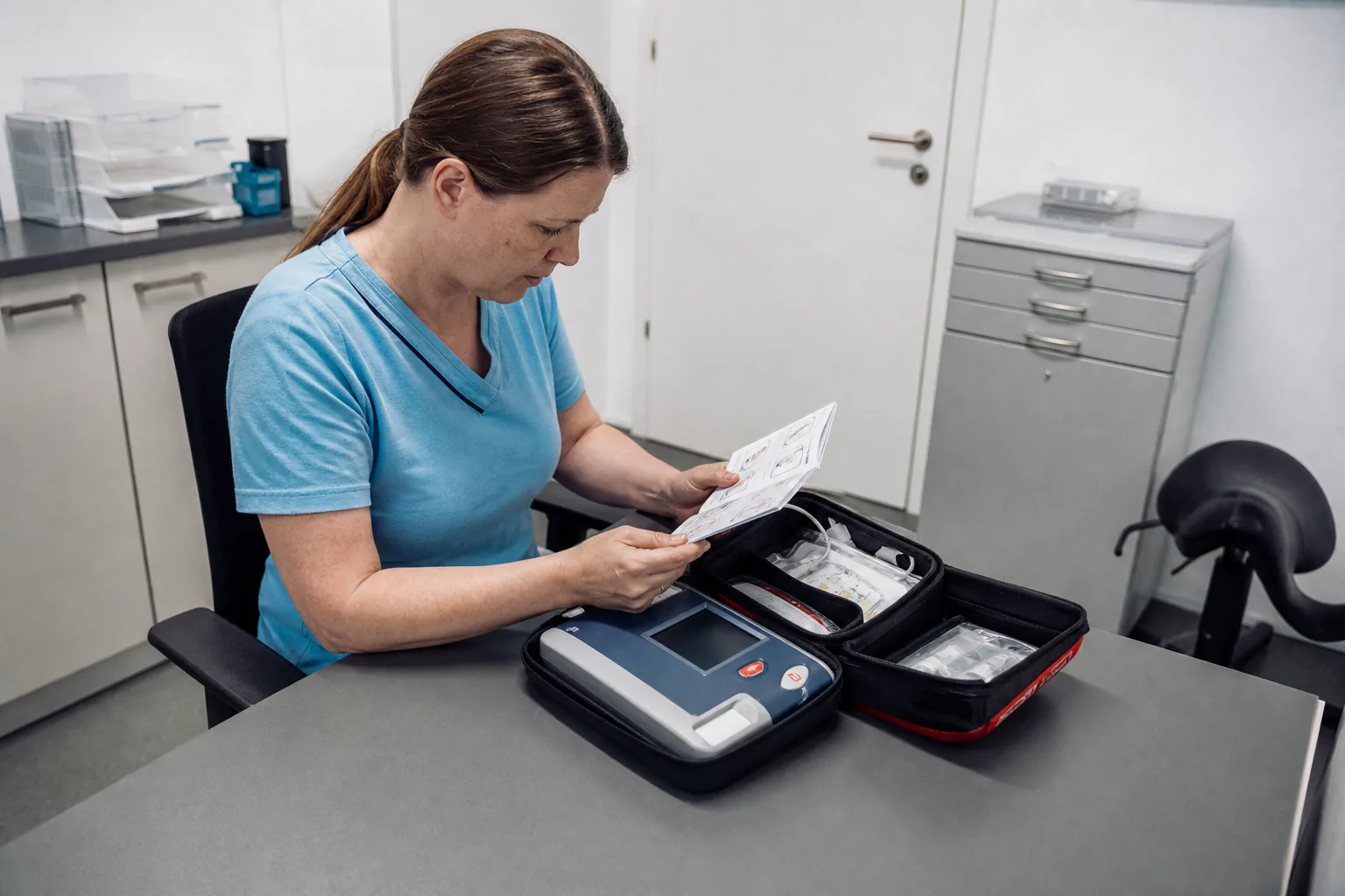 MFA gleicht Unterlagen mit einem Defibrillator in einem Praxisraum ab